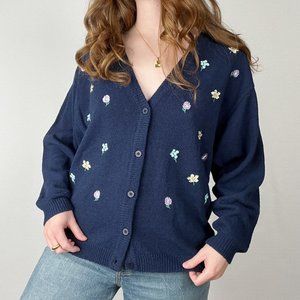 Vintage Oversized Floral Embroidered Cardigan Sweater Grandmacore Cute Grandma
